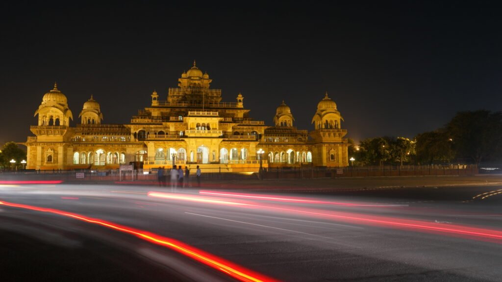 Closeup shot of the Albert Hall Museum in Jaipur in India at night